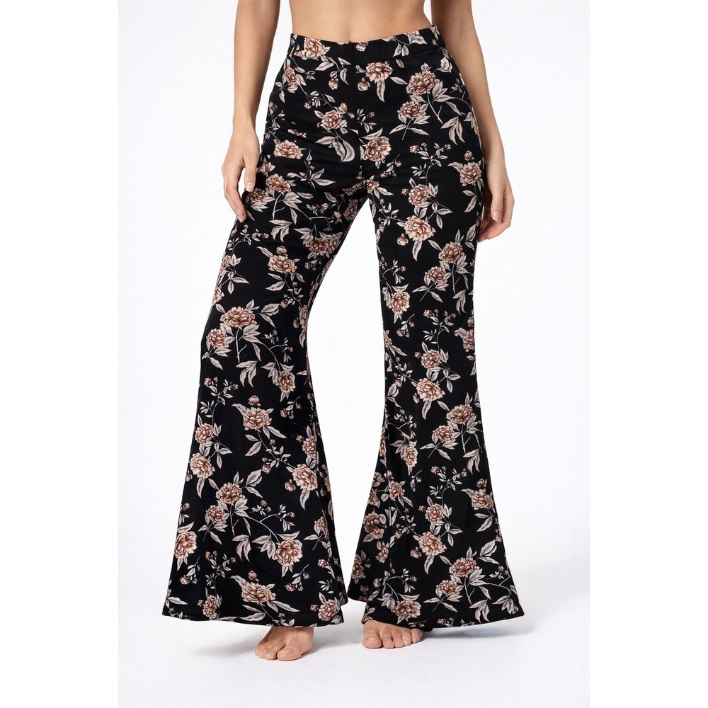 Black Floral‎ Boho Flare Pants Size Small